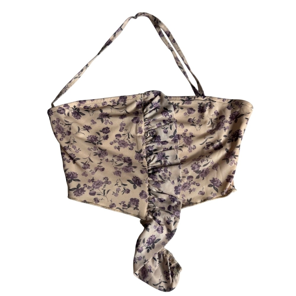 Dolls Kill New Pink Floral Halter Crop Top Cream Purple Ruffle Mesh Womens Small
